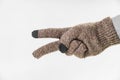 Gesturing of the symbol of peace and victory with two fingers of a hand in warm winter gloves