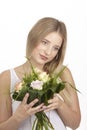 She get a bouquet of flowers (roses) for her birthday Royalty Free Stock Photo