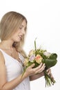 She get a bouquet of flowers (roses) for her birthday Royalty Free Stock Photo