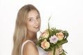 She get a bouquet of flowers (roses) for her birthday Royalty Free Stock Photo