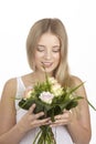 She get a bouquet of flowers (roses) for her birthday Royalty Free Stock Photo