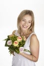 She get a bouquet of flowers (roses) for her birthday Royalty Free Stock Photo