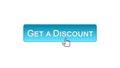 Get a discount web interface button clicked with mouse cursor, blue color Royalty Free Stock Photo