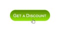 Get a discount web interface button clicked with mouse cursor, green color Royalty Free Stock Photo