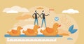 Get ducks in row visualization vector illustration in tiny persons concept. Royalty Free Stock Photo