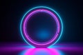 3d render, abstract neon background with fluorescent ring, blank round frame. Simple geometric shape, AI generated
