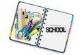 Get geady for school banner in a shape of a ring notebook with divider. Study supplies lying on it Royalty Free Stock Photo