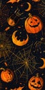 Spooky Halloween wallpaper with orange pumpkins, bats, moons, and spider webs Royalty Free Stock Photo