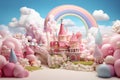 Get mesmerized by the captivating view of a pink castle set against a vibrant rainbow backdrop, Whimsical pastel-colored dream