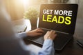 Get more leads banner. Digital marketing and sales increase concept on device screen.