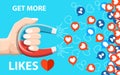 Get more likes. Hand hold horseshoe magnet pulling or get many likes. SEO concept. Vector illustration isolated on blue background