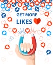 Get more likes. Hand hold horseshoe magnet pulling or get many likes. SEO concept. Vector illustration isolated on white backgroun Royalty Free Stock Photo