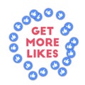 Get more likes. Social media icons in abstract shape background with scattered thumbs up. Get more l