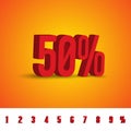 Set 3D of figures of red color and sign of percent. 3d objects. 1 to 9 numbers and percent % sign. Vector illustration.EPS Royalty Free Stock Photo