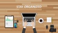 Get organized workspace with people work on his desk