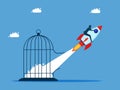 Get out of the safe zone. man riding a broken rocket out of the cage. business concept