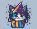Get Playful with our Adorable Kitten T-Shirt Graphic, Featuring a Party Hat and Whimsical Starry Surroundings.
