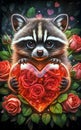 Adorable Love Growls: Kawaii Baby Raccoon Embraces Hearts Royalty Free Stock Photo