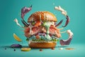 Get ready for a flavor explosion concept. Burger with crab seafood, created with Generative AI technology