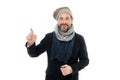 Get ready for frosty days. Mature fashion model enjoy cold weather. Bearded man accessorizing outfit with scarf. Winter Royalty Free Stock Photo