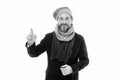 Get ready for frosty days. Mature fashion model enjoy cold weather. Bearded man accessorizing outfit with scarf. Winter Royalty Free Stock Photo