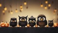 Funny owls at Halloween with cute pumkins. Generative AI illustrations