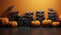 Funny owls at Halloween with cute pumkins. Generative AI illustrations