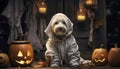 Cute dog wearing a hoodie at halloween surrounded by jack-o-lanterns. Generative AI illustrations