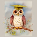 Funny Graduation Owl Character - Hilarious Kids\' Storybook Art in Muted Watercolor