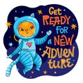 Get ready for a new adventure lettering phrase. Hand drawn baby space theme quote.