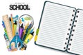 Get ready for school background with an open ring notebook with divider and a pile of realistic study supplies Royalty Free Stock Photo