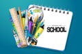 Get ready for school background. A pile of stationery items for kids lying on a ring notebook. Royalty Free Stock Photo