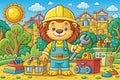 Adorable Lion Builder Coloring Page A Fun and Engaging Cartoon Featuring a Lion in a Construction Helmet Toolbox Royalty Free Stock Photo