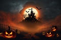 Halloween background with haunted castle and pumpkins. Vector illustration