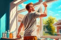 Spring cleaning: washing windows on a sunny day - Generative AI Royalty Free Stock Photo
