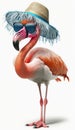 Summer Crazy Funny Flamingo Wearing Sunglasses and Hat, Isolated on White Background - Generative AI