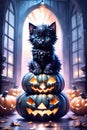 Fluffy Halloween Cute Kitten sitting on a pumpkin