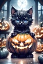 Fluffy Halloween Cute Kitten sitting on a pumpkin