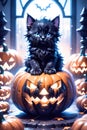 Fluffy Halloween Cute Kitten sitting on a pumpkin