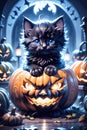 Fluffy Halloween Cute Kitten sitting on a pumpkin