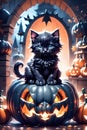Fluffy Halloween Cute Kitten sitting on a pumpkin