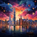 Surreal and Imaginative Depiction of Hong Kong's Skyline at Sunset