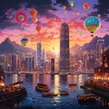 Surreal and Imaginative Depiction of Hong Kong's Skyline at Sunset