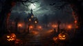 Spooky Halloween Scene Haunting Field with Pumpkins and Ghostly Old House Royalty Free Stock Photo