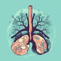 Cartoon lung cancer with tumor and smoking risk factors