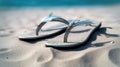 Seaside Relaxation: Blue Flip-Flops on Pristine Beach Sand - Generative AI Royalty Free Stock Photo