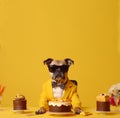 Celebrating Happy Dog Day. Dogs Celebrating with drink, glasses,cake,Yellow Background and copy space . Ai generated