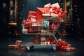 Get ready to spread joy this holiday season with a shopping cart overflowing with a wide variety of presents, Overflowing cart