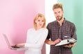 Get rid of junk. Woman with modern laptop and man with old retro typewriter. Why do you keep outdated stuff. Use Royalty Free Stock Photo