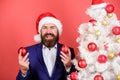 Get into the spirit of the season. Man with beard hold red balls christmas decorations. Winter holidays. Share christmas Royalty Free Stock Photo